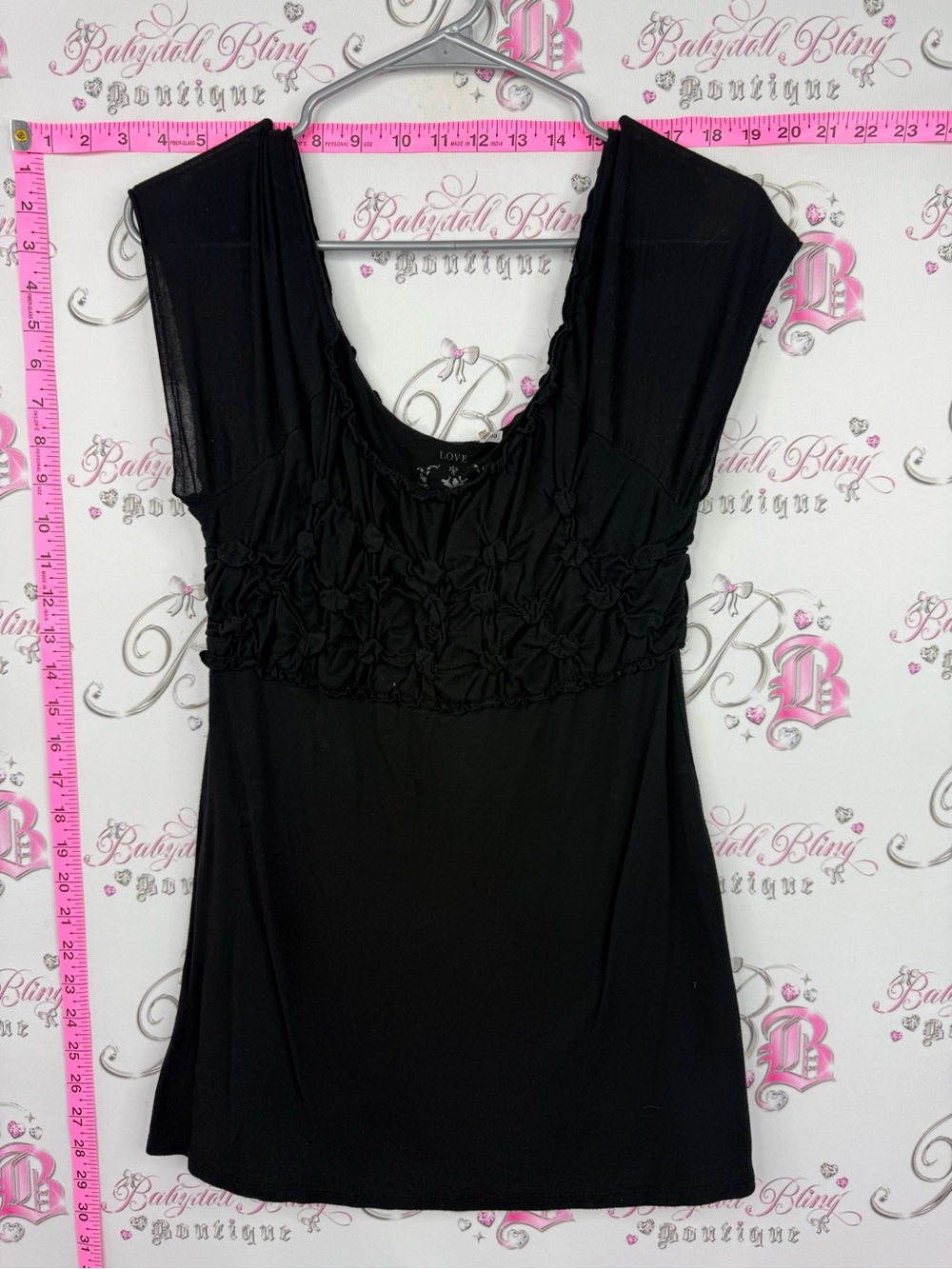 Love happiness y2k shirt Black Ruffle-Trim Scoop Neck Tunic